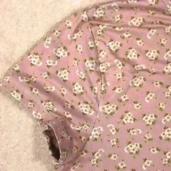 COTTAGECORE Stretchy Mock Neck Short Sleeve Pink Floral Print Top Women Small - Picture 3 of 10